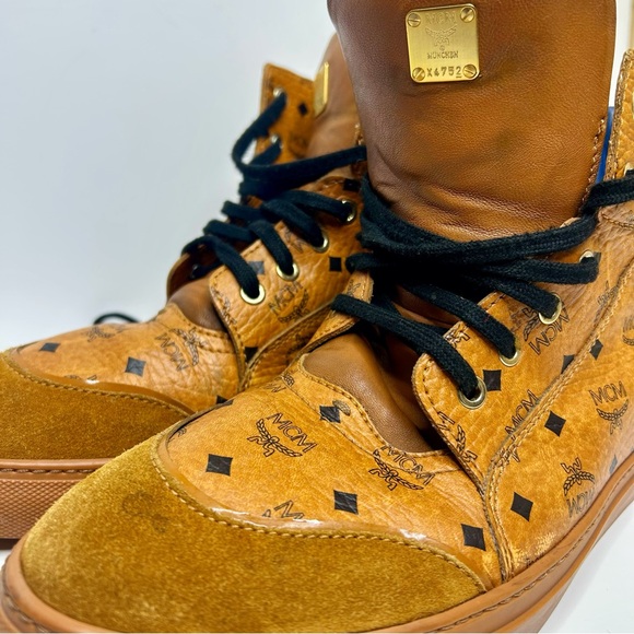 AUTHENTIC MCM Visetos Cognac Brown High-Top Sneakers - Suede Toe - Men's SZ 11 - Picture 4 of 9